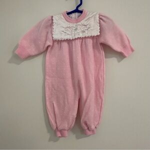 Vintage 1988 Pink and White Knit One Piece with Satin Collar featuring Bunnies